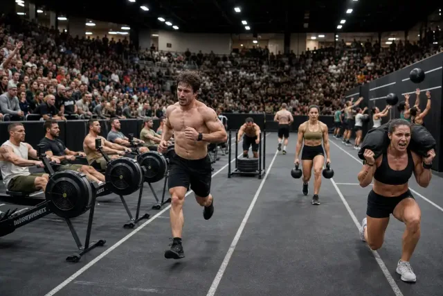 Atleti in una gara indoor di fitness tra corsia di corsa, vogatori, slitta, kettlebell e wall ball davanti al pubblico