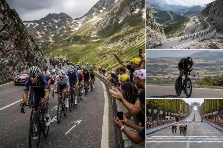 Collage del Tour: gruppo in salita su strada di montagna, cronometro individuale e arrivo cittadino con pubblico