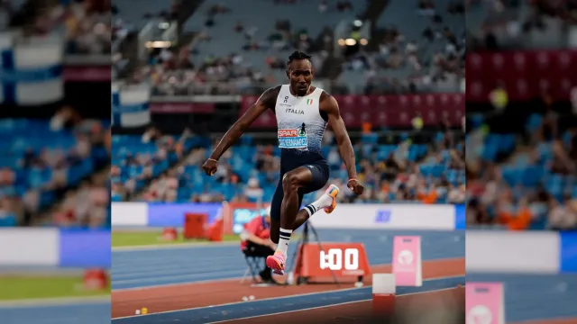Andy Diaz in maglia Italia durante il salto triplo agli Europei di Birmingham 2026