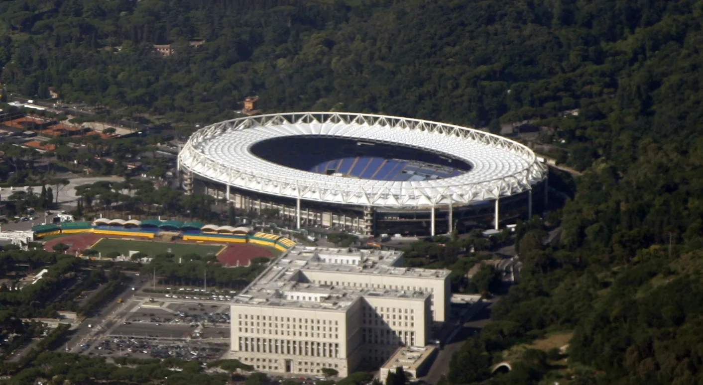 Veduta aerea dello Stadio Olimpico di Roma, uno degli impianti centrali nel dossier italiano per Euro 2032